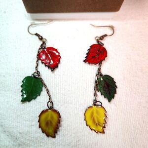 Colorful fall autumn leaves falling dangle ear rings red yellow green